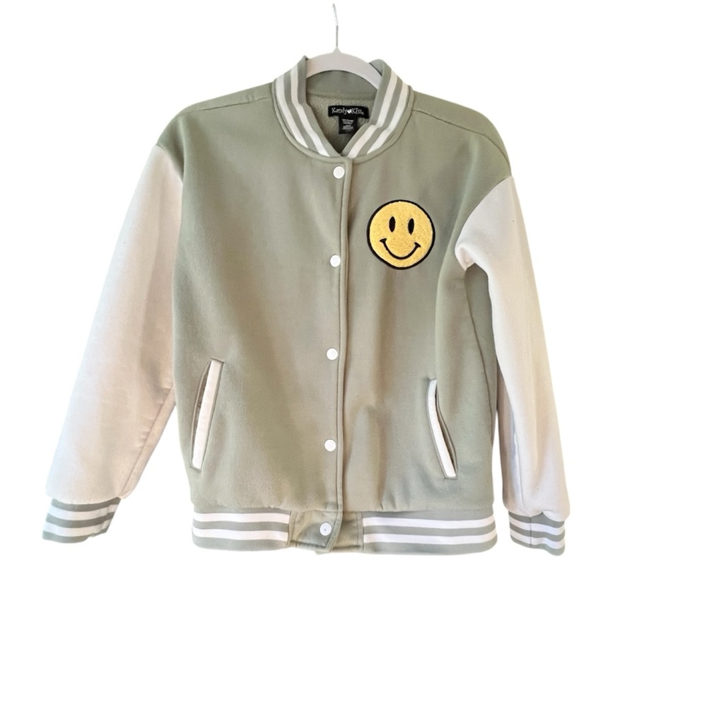 Green and White youth Varsity Jacket with Smiley Patch, size L 14